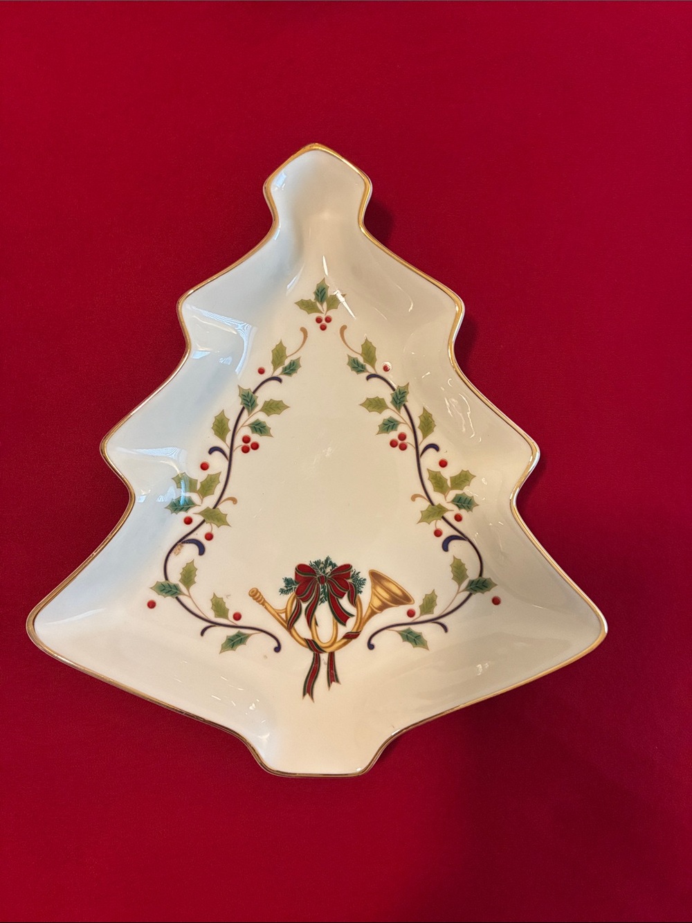 Festive White and Gold Tree-Shaped Serving Dish with Holly and Trumpet Motif
